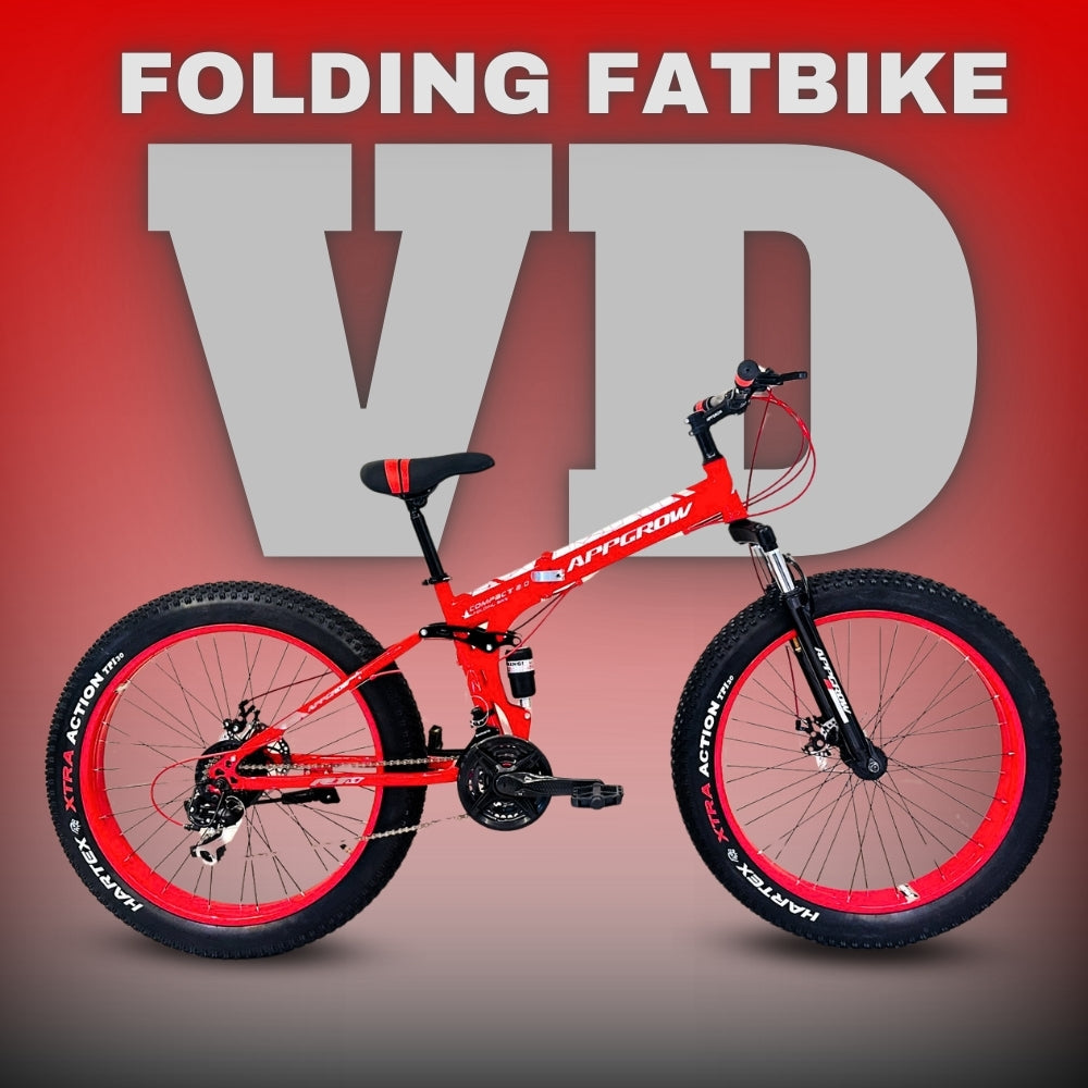Red 26T Appgrow Folding Fatbike with Magwheels, Dual Disc Brakes, Branded with VD on Frame and Rims

