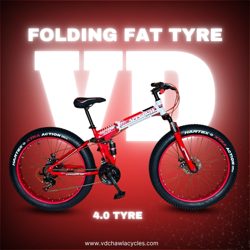 Red & White 26T Appgrow Folding Fatbike with Magwheels, Dual Disc Brakes, Alloy Frame, VD Logo and XTRA Action Tyres

