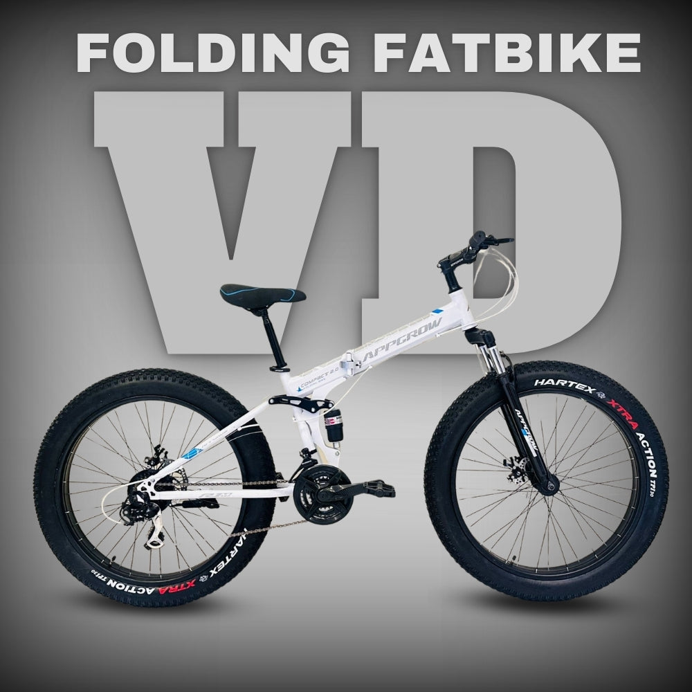 White 26T Appgrow Folding Fatbike with Magwheels, Dual Disc Brakes, VD Branding on Frame and Hartex XTRA Tyres

