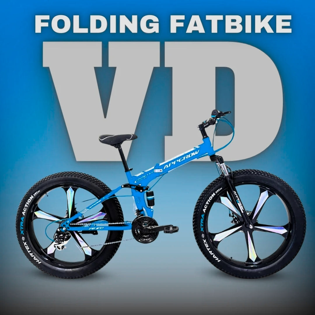 Blue 26T Appgrow Folding Fatbike with Magwheels, Dual Disc Brakes, Hartex XTRA Tyres, VD Branding on Frame and Rims

