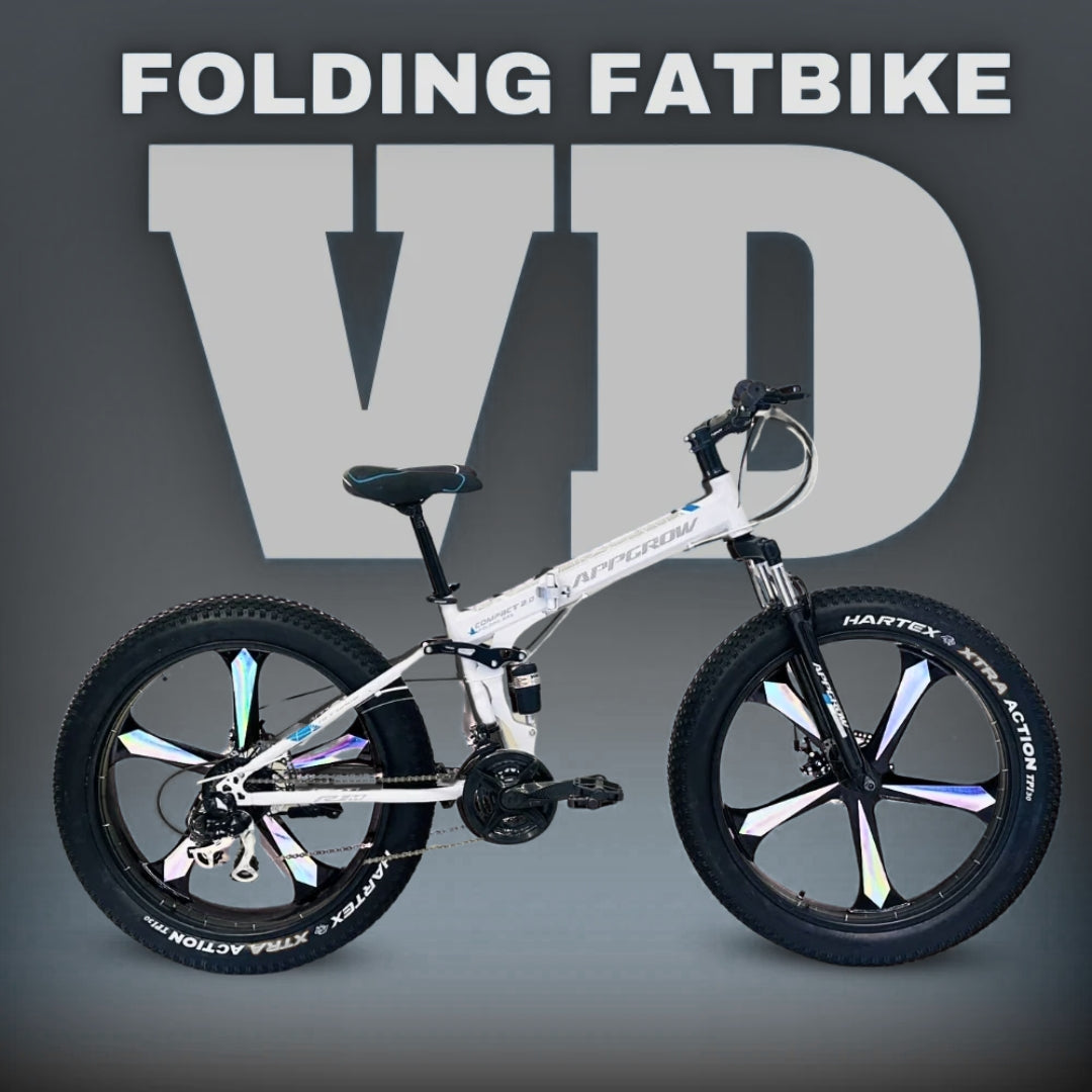 White 26T Appgrow Folding Fatbike with Magwheels, Dual Disc Brakes, and 21-Speed Gears – Displayed against VD branding

