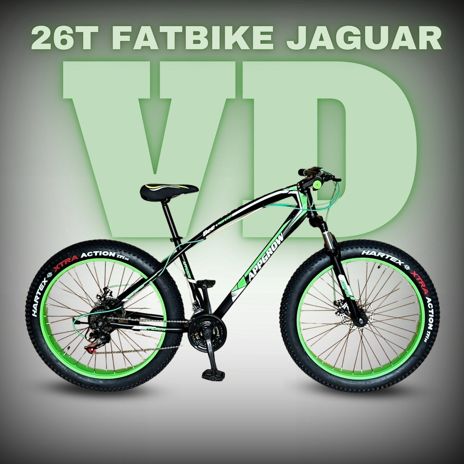 "Appgrow Jaguar 26T fatbike in black and green with 21-speed gears, dual disc brakes, and XTRA ACTION fat tyres – ideal for off-road adventures."

