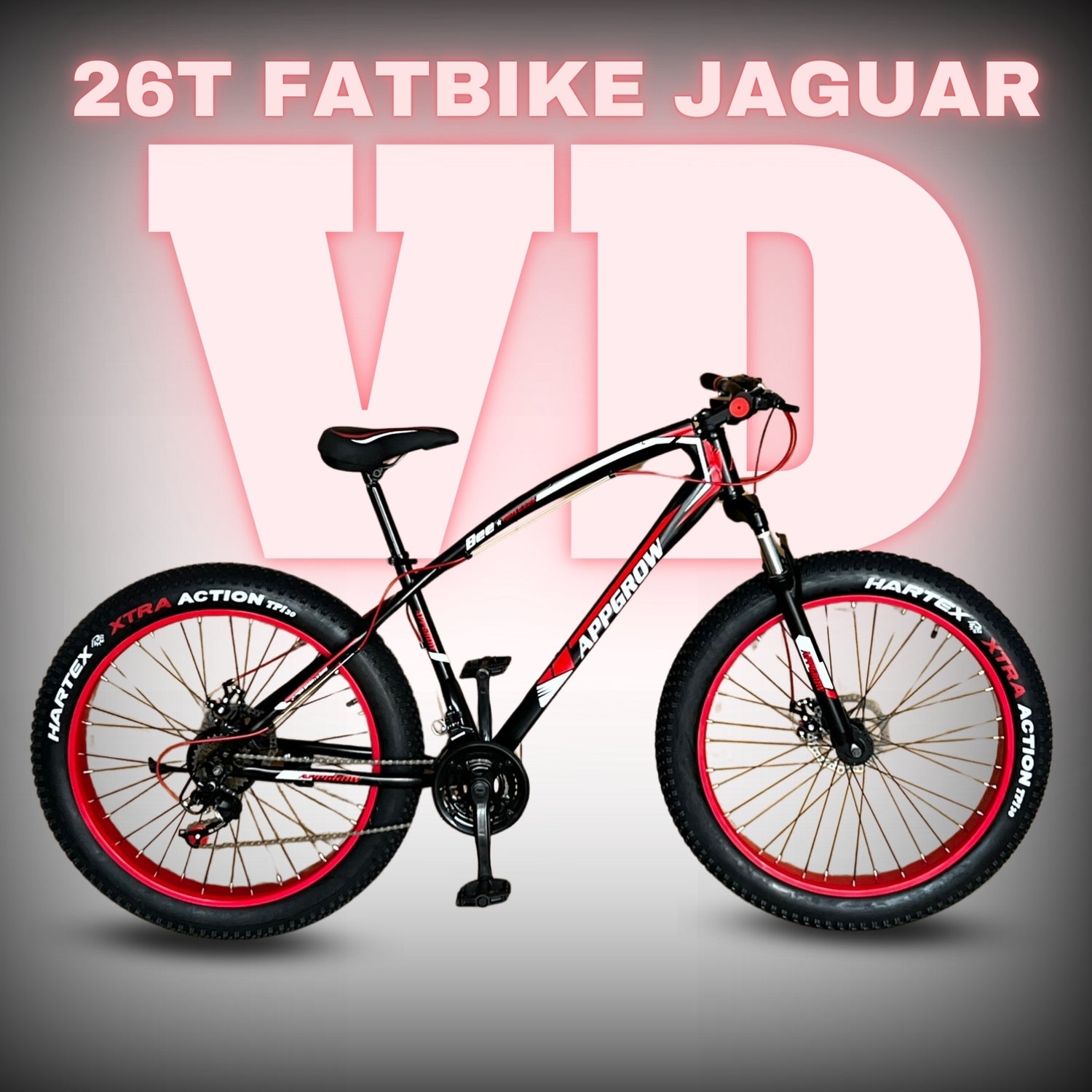 "Appgrow Jaguar 26T fatbike in black and pink with 21-speed gears, dual disc brakes, and XTRA ACTION fat tyres – ideal for off-road adventures."

