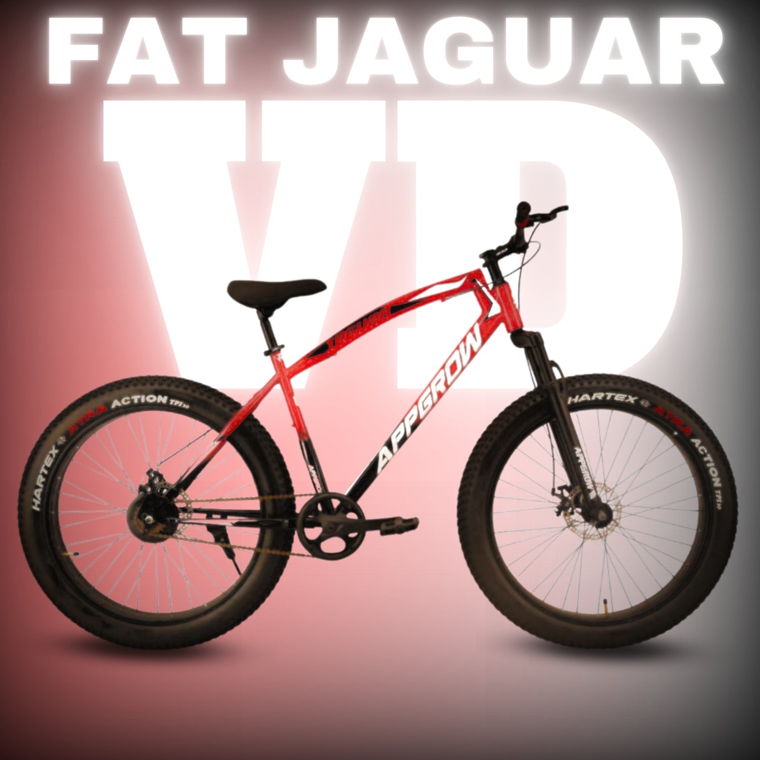 "Appgrow Jaguar 26T fatbike in red and black color scheme with dual disc brakes, front suspension, and Hartex XTRA ACTION tyres – ideal for rugged terrain."

