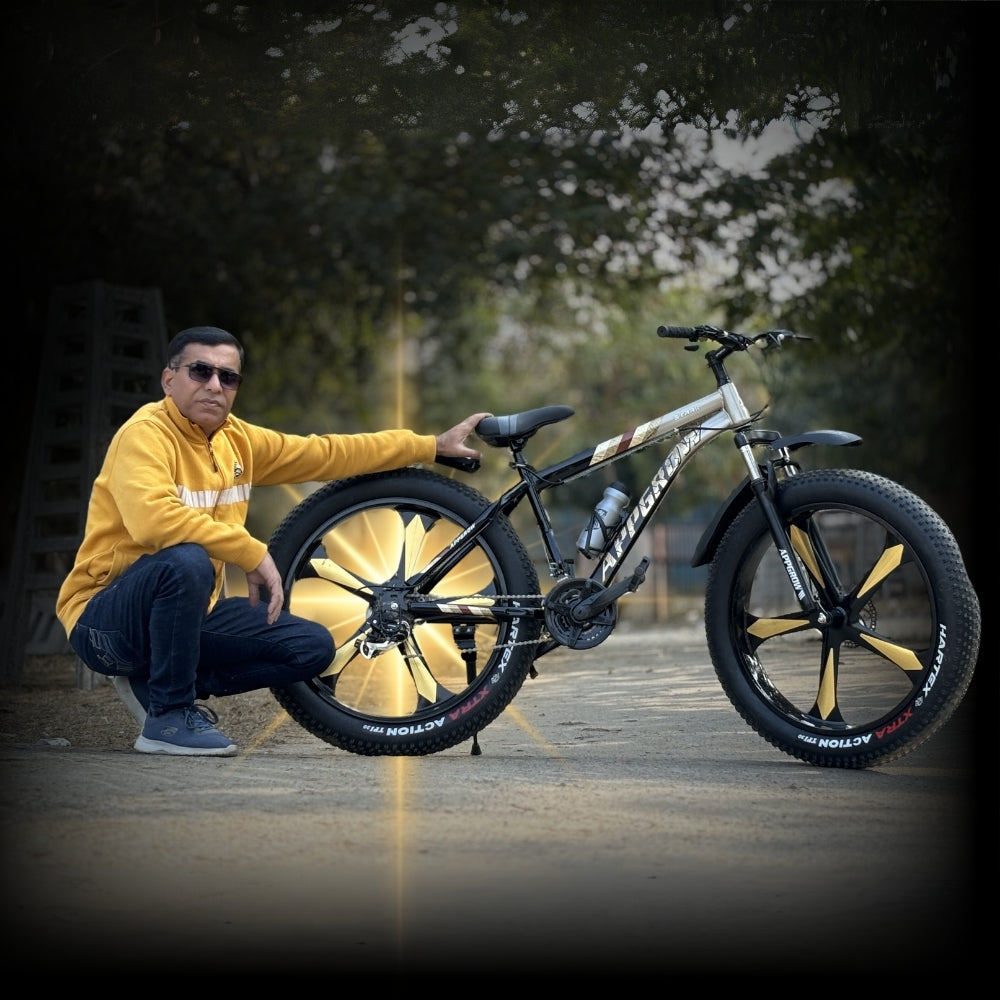 Customer posing with Appgrow 26T Fat Tyre Cycle – gold-black magwheels, dual disc, front suspension – Vd Chawla Cycles


