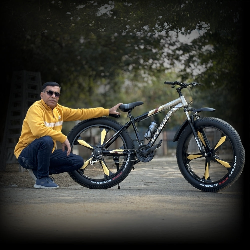Customer posing with Appgrow 26T Fat Tyre Cycle – gold-black magwheels, dual disc, front suspension – Vd Chawla Cycles

