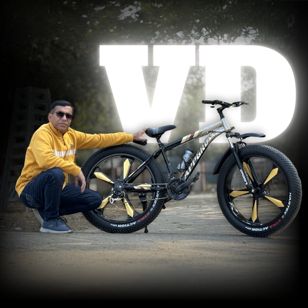 A fatbike with black and golden color scheme, featuring magnesium rims and nylon tires, branded with '26T Appgrow Magwheel'.