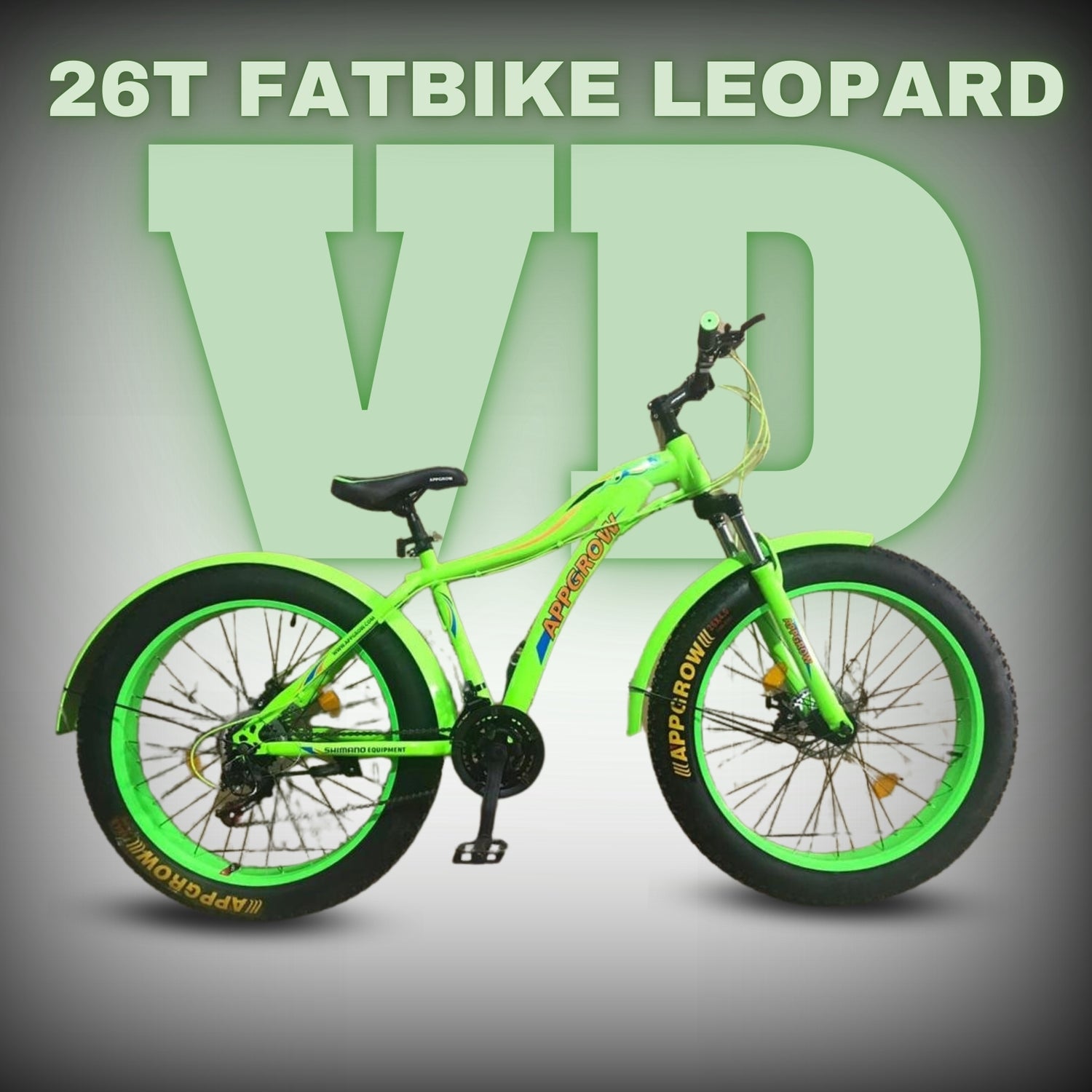 Green 26T Leopard fatbike with dual disc brakes and extra-wide tyres, displayed on a grey-green VD branded background

