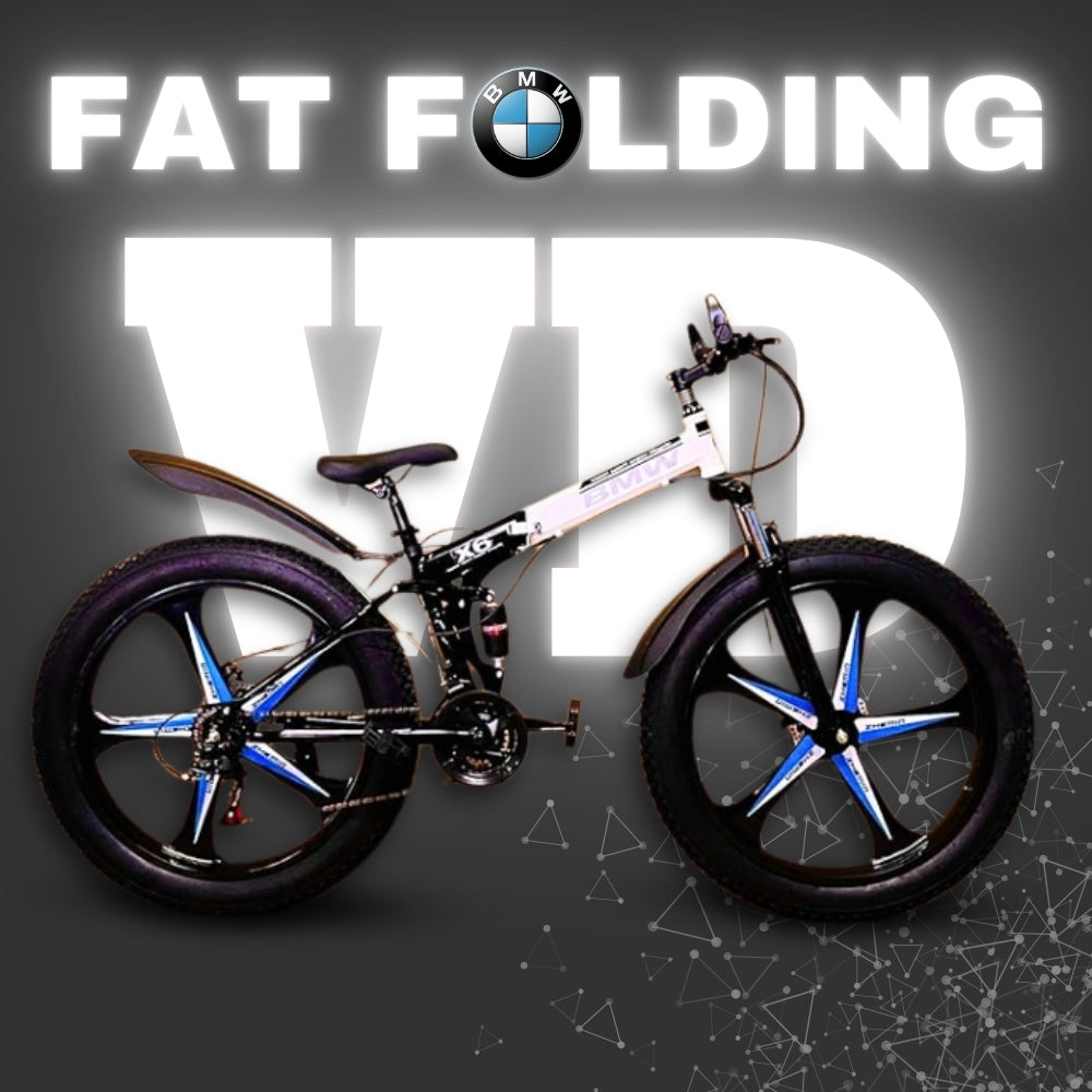 "Black and white 26T BMW folding fat bike with blue X6 mag wheels, displayed on a VD branded grey backdrop with FAT FOLDING label on top"

