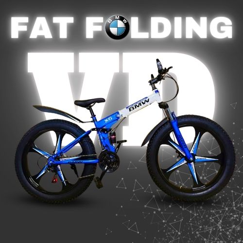 "BMW 26T blue and black folding fat tyre cycle with X6 frame and mag wheels, featured in front of VD FAT FOLDING backdrop"

