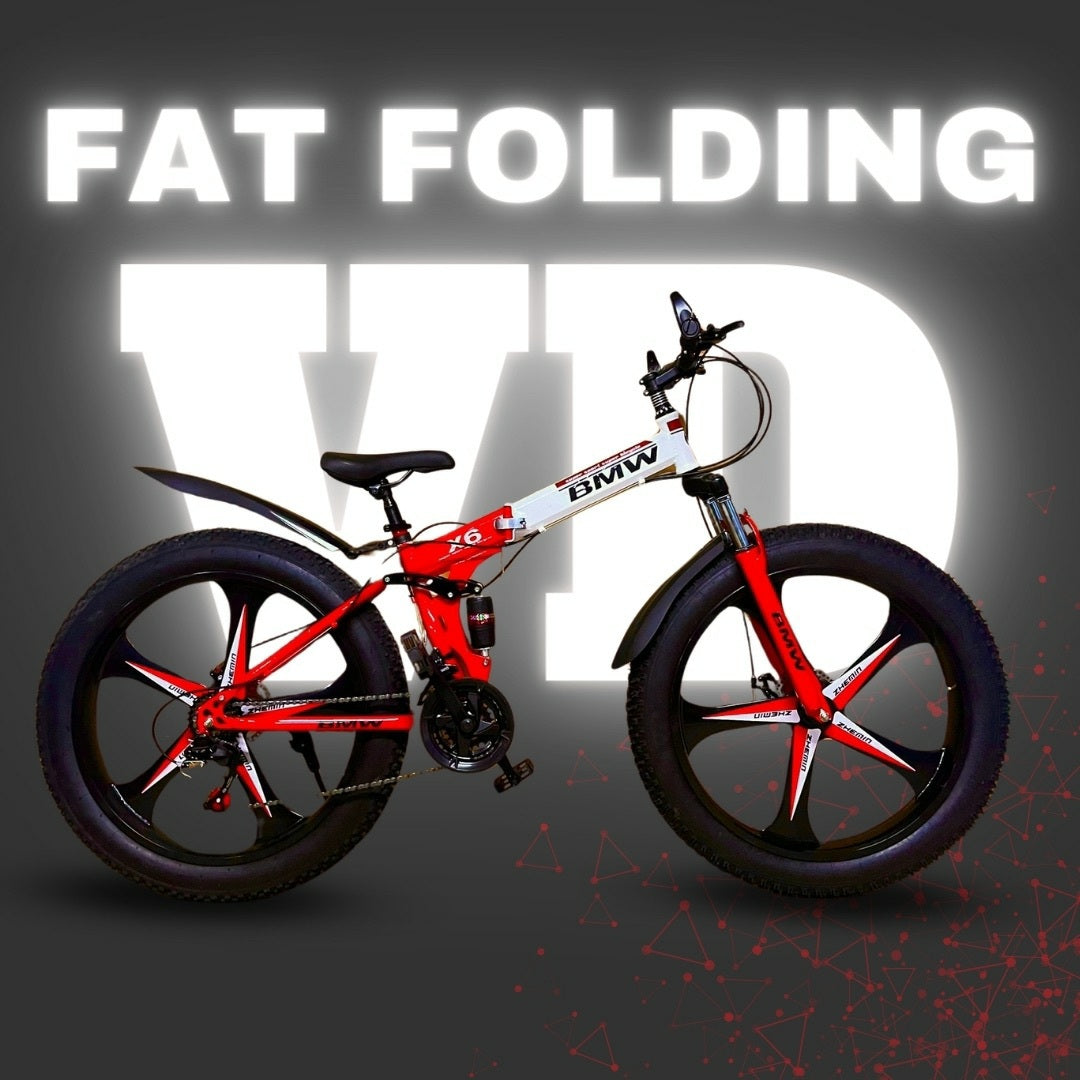 "Red and white 26T BMW folding fat tyre cycle with mag wheels, displayed against a VD branded background and FAT FOLDING label on top"


