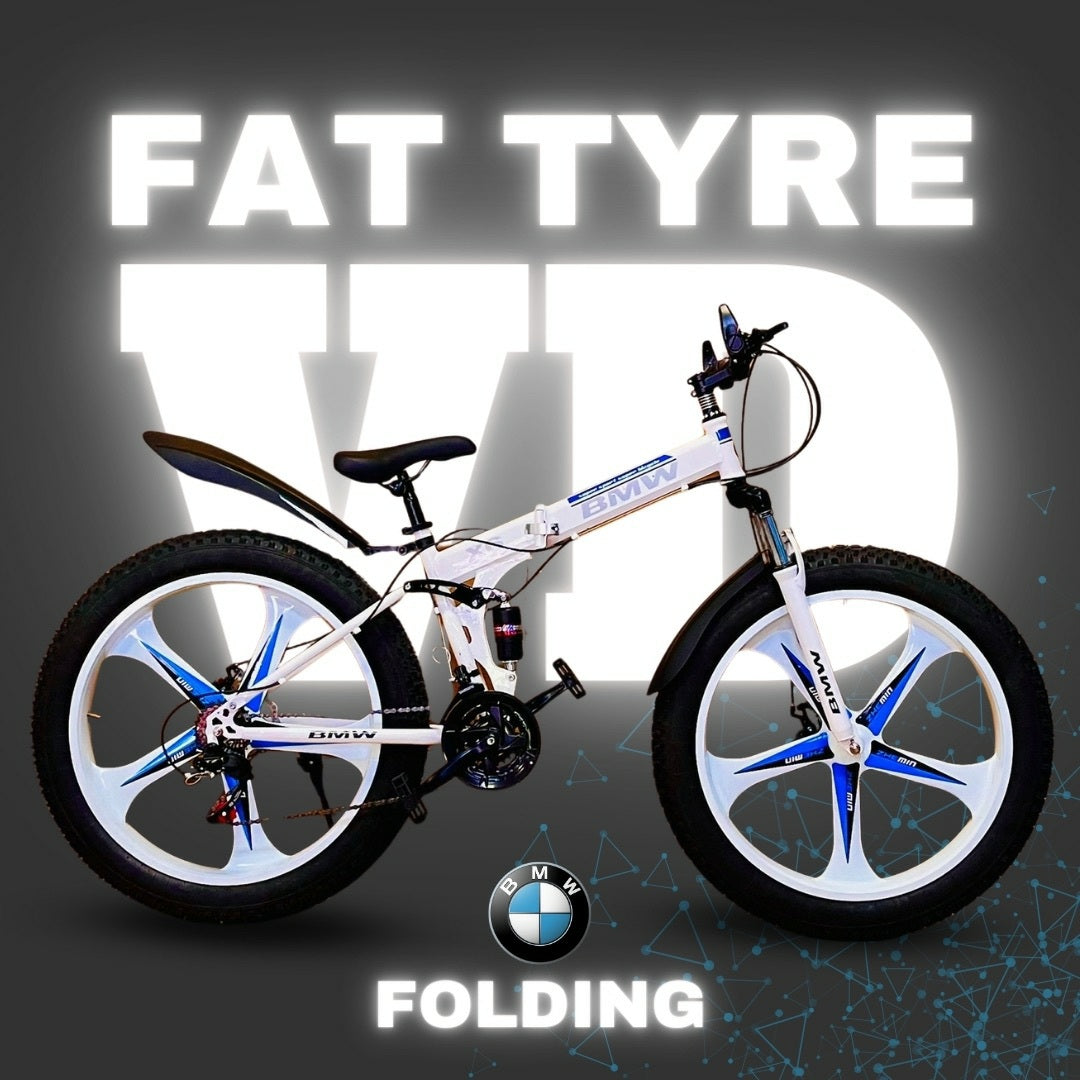 "White and blue 26T BMW folding fat tyre cycle with mag wheels, displayed against a VD branded background and FAT TYRE FOLDING label at the top"

