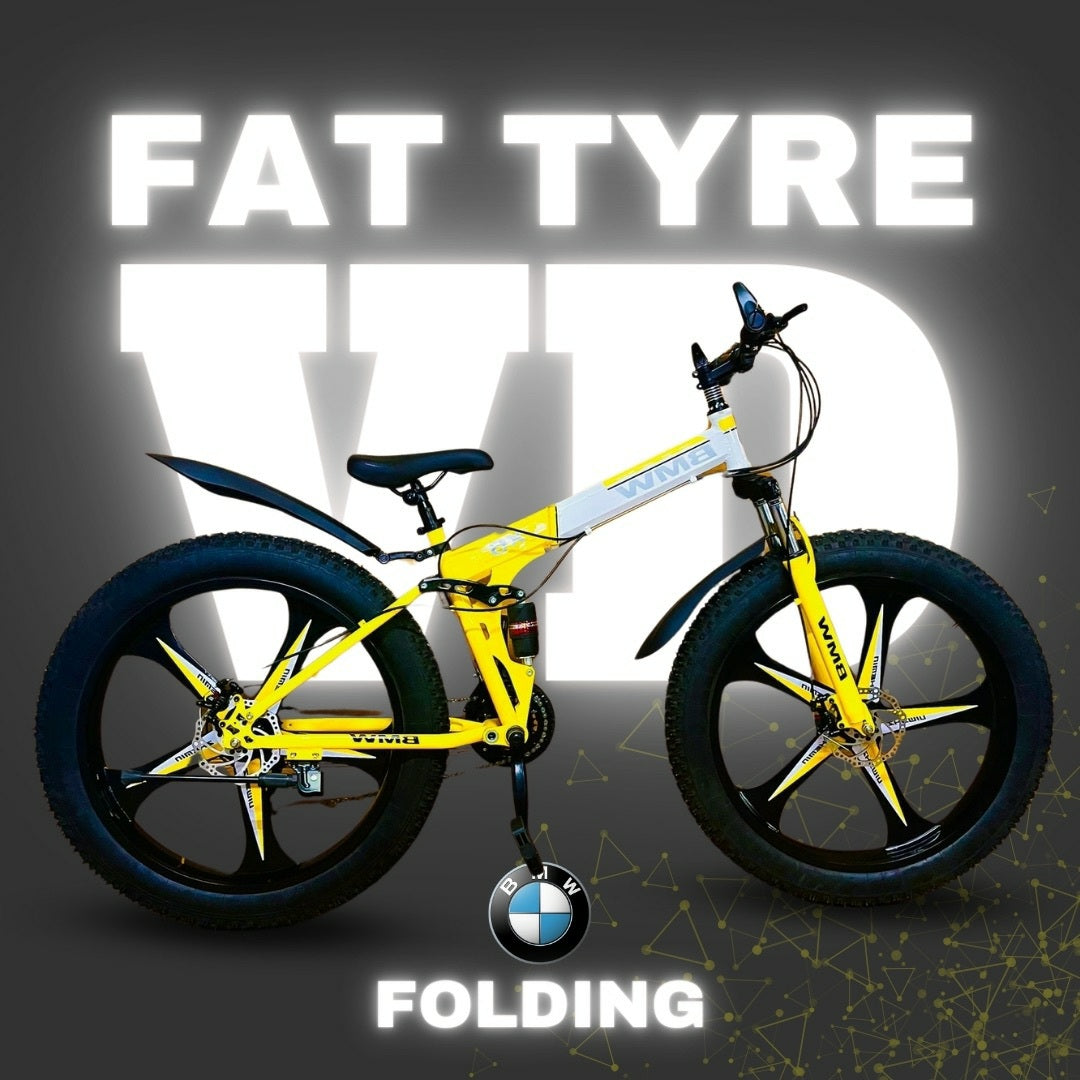 "Yellow and black BMW 26T folding fat tyre cycle with mag wheels, set against a VD backdrop and FAT TYRE FOLDING branding"

