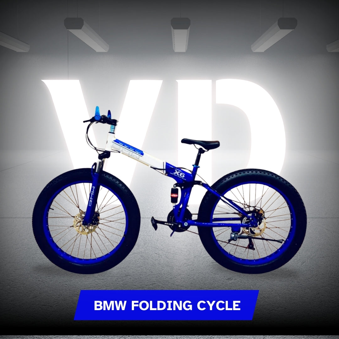 "BMW 26T Blue Folding Fat Tyre Bicycle with Dual Disc Brakes and Suspension, displayed in a studio background with X6 branding"

