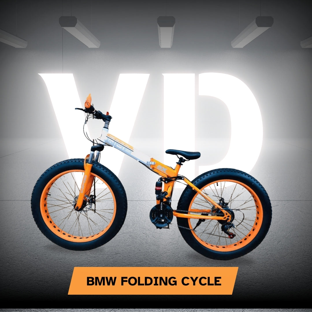 "Orange and black BMW 26T folding fat tyre bicycle with dual disc brakes and suspension, showcased in a studio setup with branding in the background"


