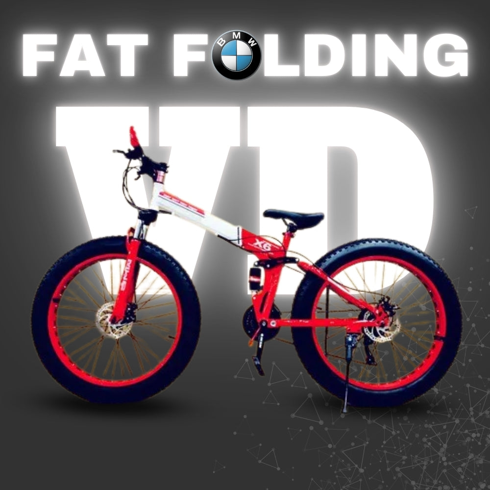 "Red and white BMW 26T folding fat tyre cycle with X6 suspension frame and dual disc brakes, featured on a dark background with VD branding and 'FAT FOLDING' title"

