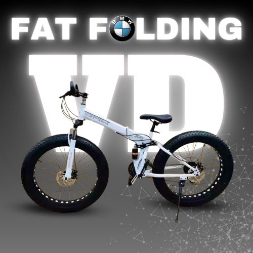 "White BMW 26T folding fat tyre cycle with dual disc brakes, X6 suspension frame, displayed on a grey background with VD branding and 'FAT FOLDING' title"

