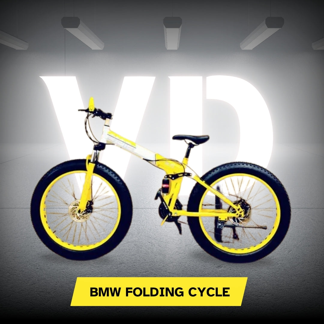 "BMW 26T Yellow Folding Fat Tyre Cycle with Dual Disc Brakes and Full Suspension, displayed against a studio background with VD branding"

