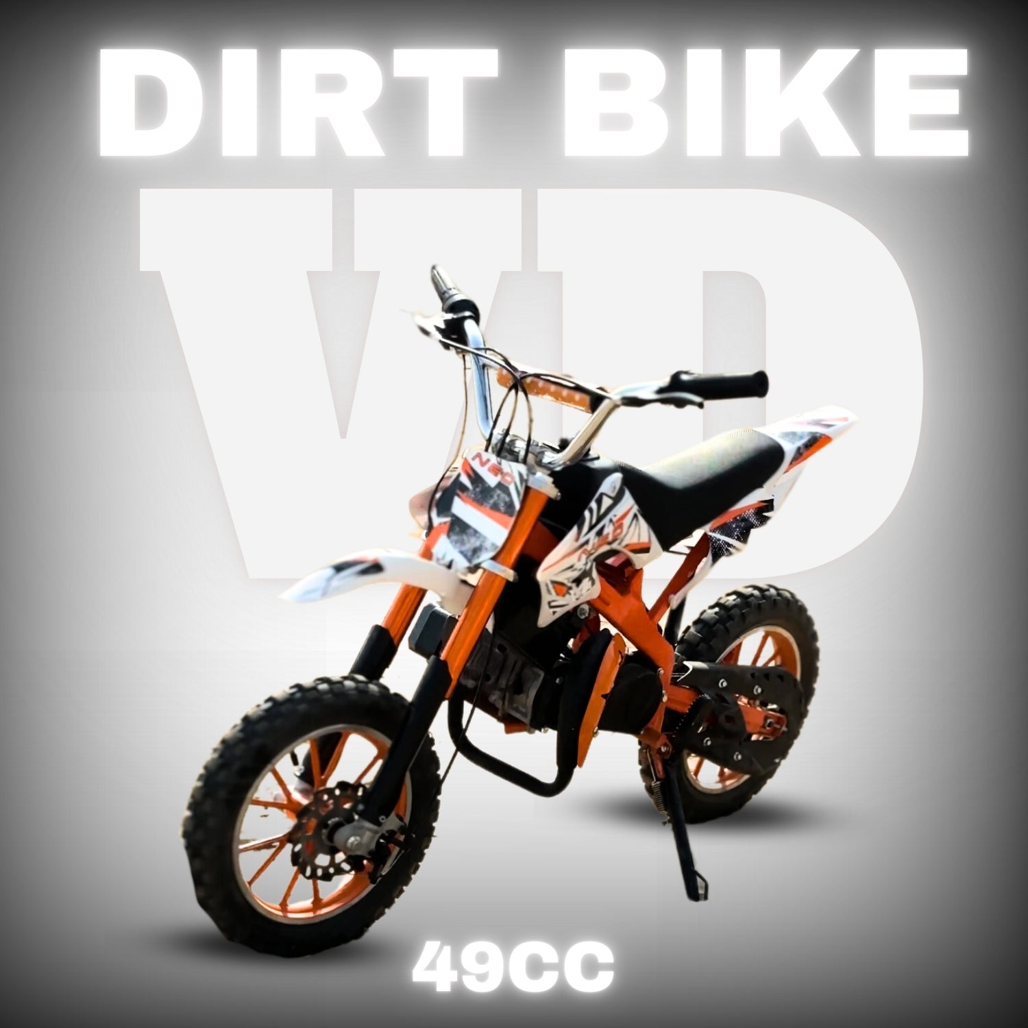 "Side profile of mini 49cc dirt bike with 2-stroke petrol engine"
