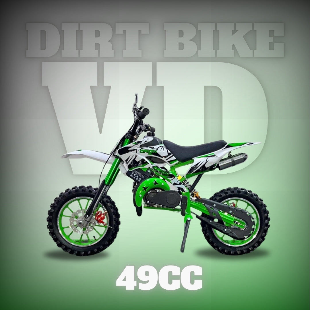 "green and black 49cc kids dirt bike with heavy-duty knobby tyres – side perspective"

