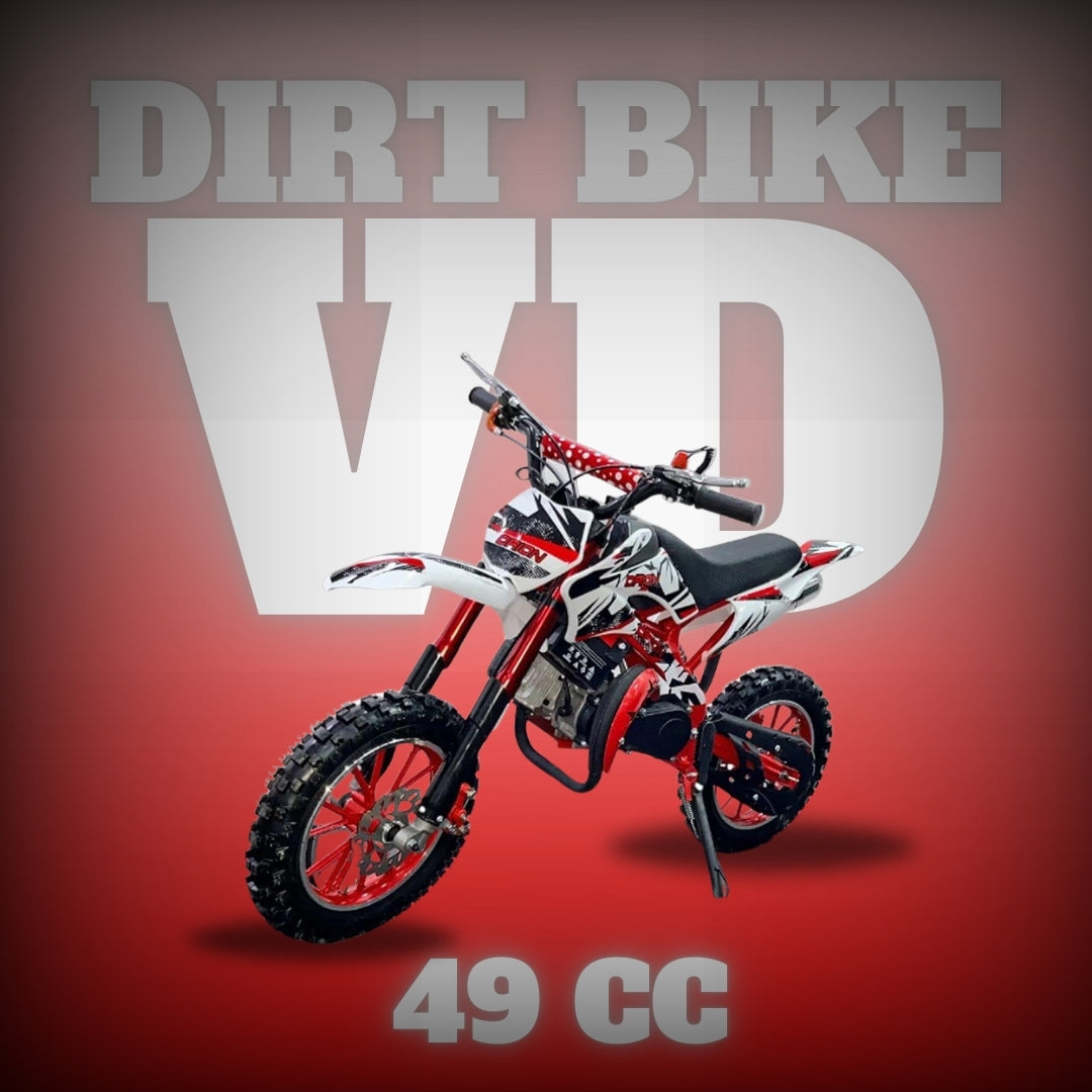 "red and black 49cc kids dirt bike with heavy-duty knobby tyres – side perspective"
