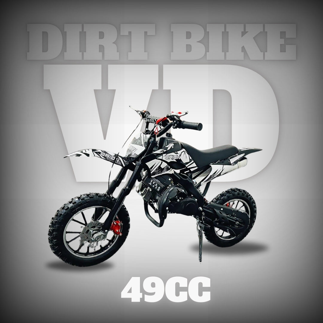 "white and black 49cc kids dirt bike with heavy-duty knobby tyres – side perspective"
