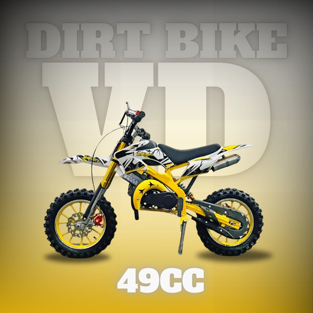 "yellow and black 49cc kids dirt bike with heavy-duty knobby tyres – side perspective"

