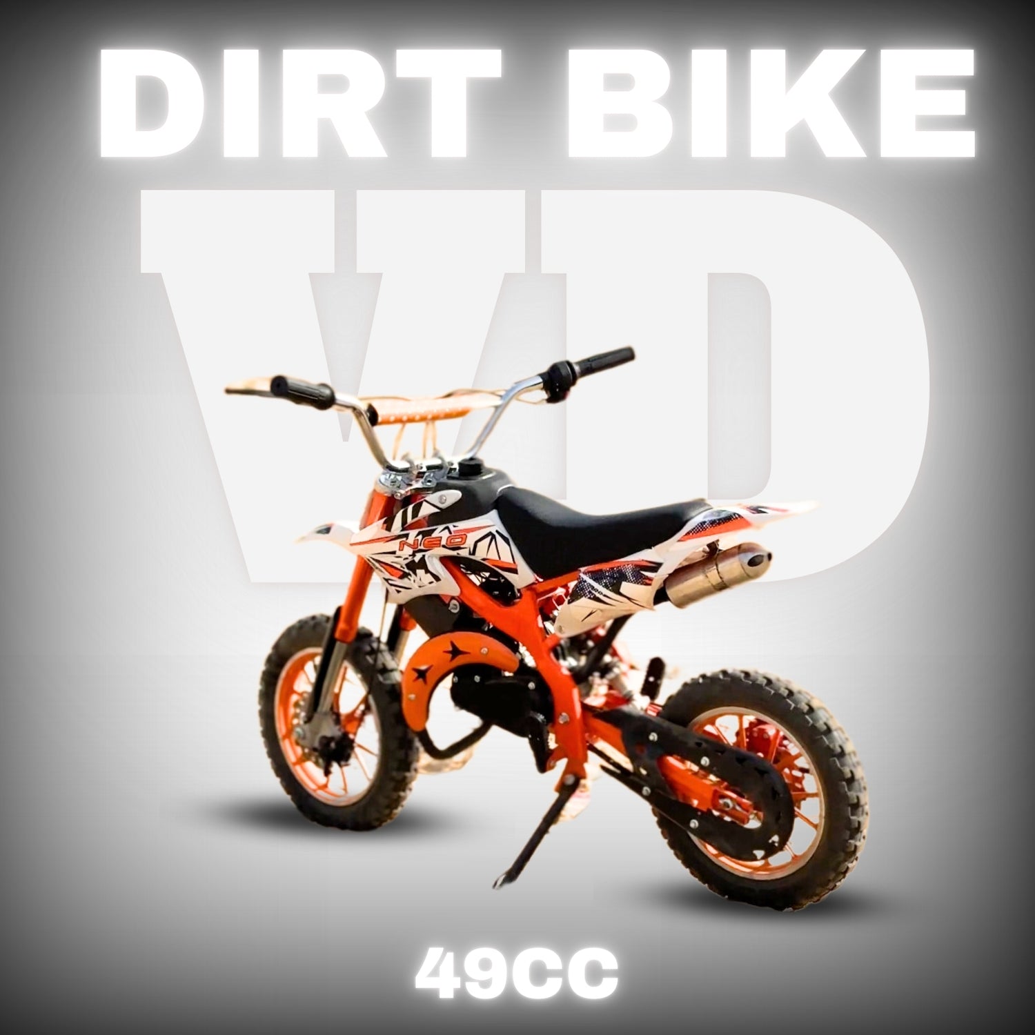 "Side profile of mini 49cc dirt bike with 2-stroke petrol engine"
