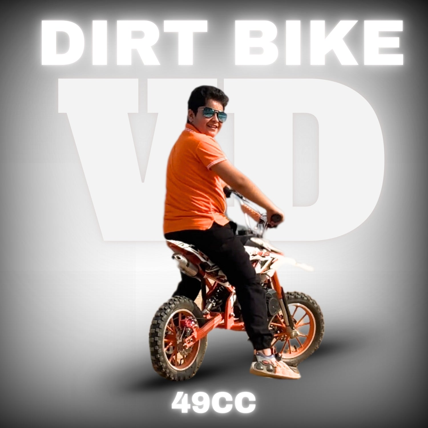 "Side profile of mini 49cc dirt bike with 2-stroke petrol engine"
