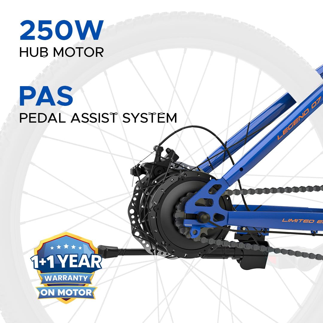 E MOTORAD - RIDE THE ELECTRIC REVOLUTION Legend 07 MSD Edition Unisex Electric Cycle, 90% Assembled(18 Inch Frame, 7.65Ah Li-Ion Removable Battery, Front Suspension LCD Display, 250W Motor Bleed Blue)