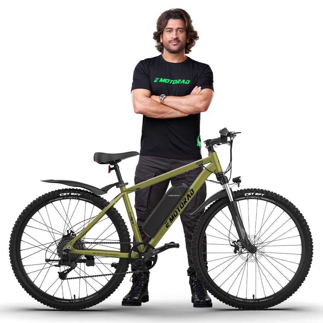 E MOTORAD - RIDE THE ELECTRIC REVOLUTION Men TRex+ Electric Bicycle|Stem Integrated Display|18 Inch Aluminiun Alloy 6061 Frame|250W Rear Hub Motor|7 Speed Shimano Altus Gears (Olive Fade, 29" Wheel)