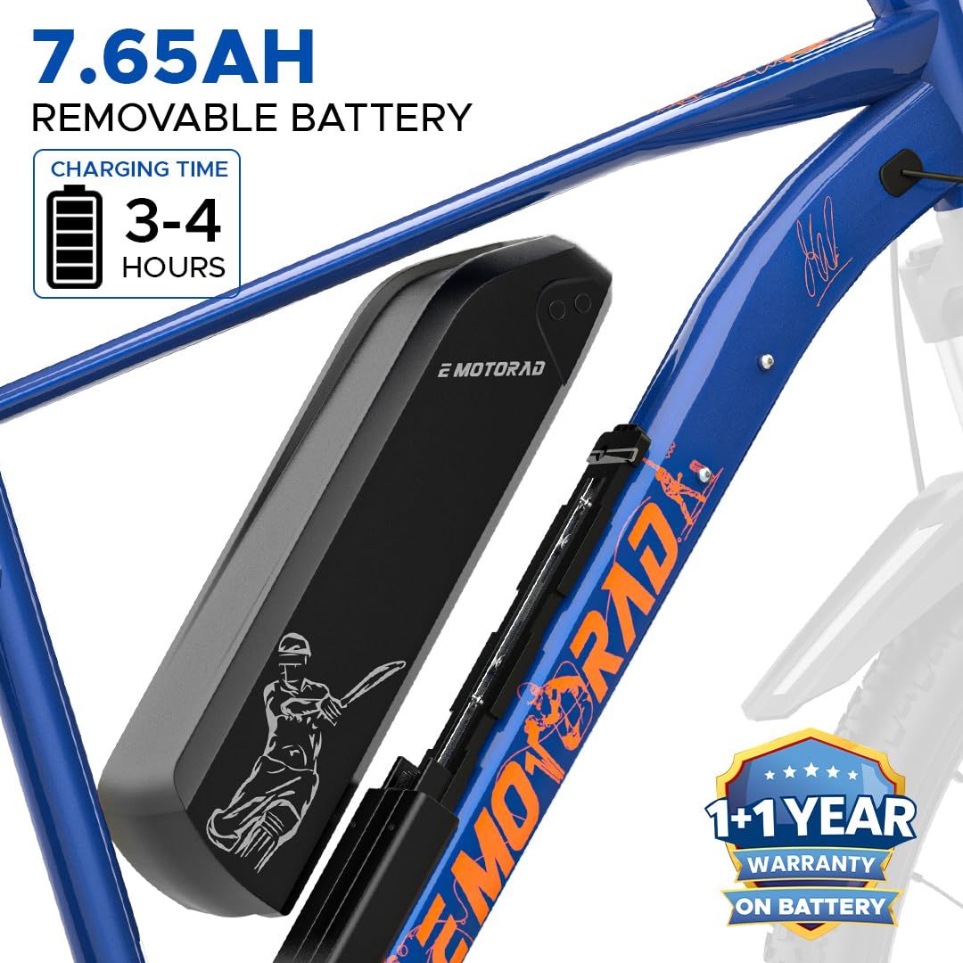 Close-up of removable 7.65Ah lithium-ion battery integrated on EMotorad X1 Pro Legend-07 for easy charging and long rides.