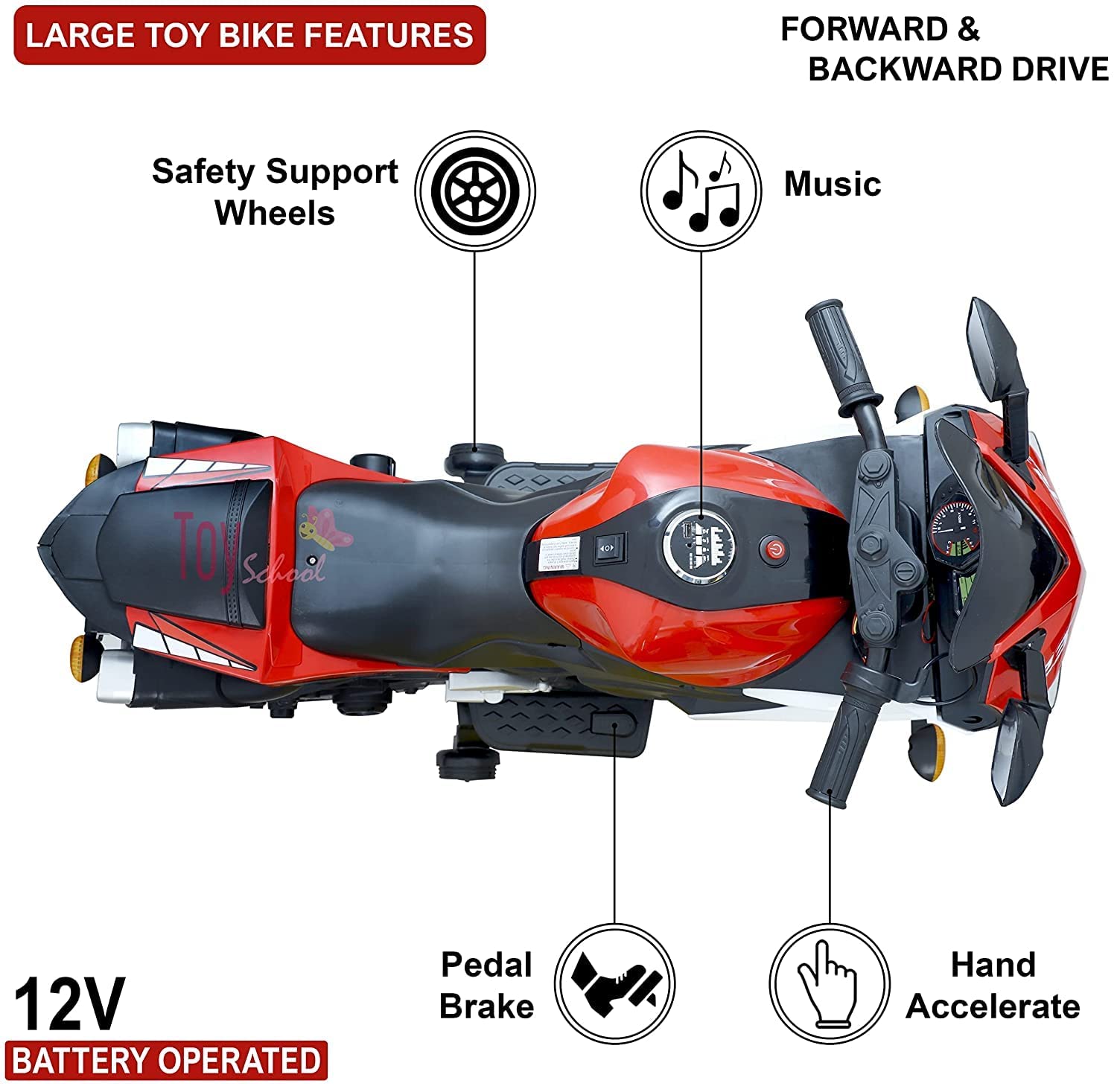 Kawaii Kids R3 Battery Operated Bike for Kids with LED Light, Bluetooth & Music | Baby Ride on Toy Rechargeable Battery Bike | Electric Bike for Kids to Drive 3 to 8 Years Boys Girls (RED R3)