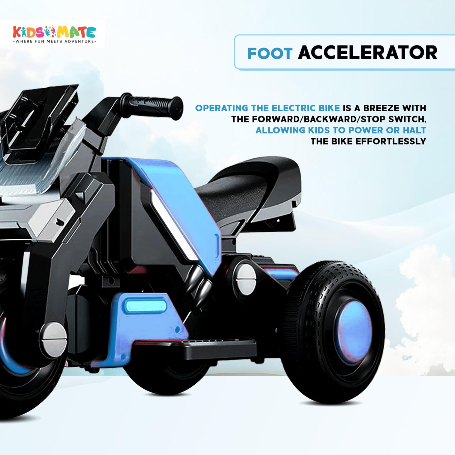 Kidsmate Hyrider 6V Electric Kids Bike with Rechargeable 6.5 Ah Battery Inbuilt Imported Motor Drive | Music Player, Front LED Light & Foot Accelerator Pedal Bike for Ages 1-4 Years (Sky Blue)