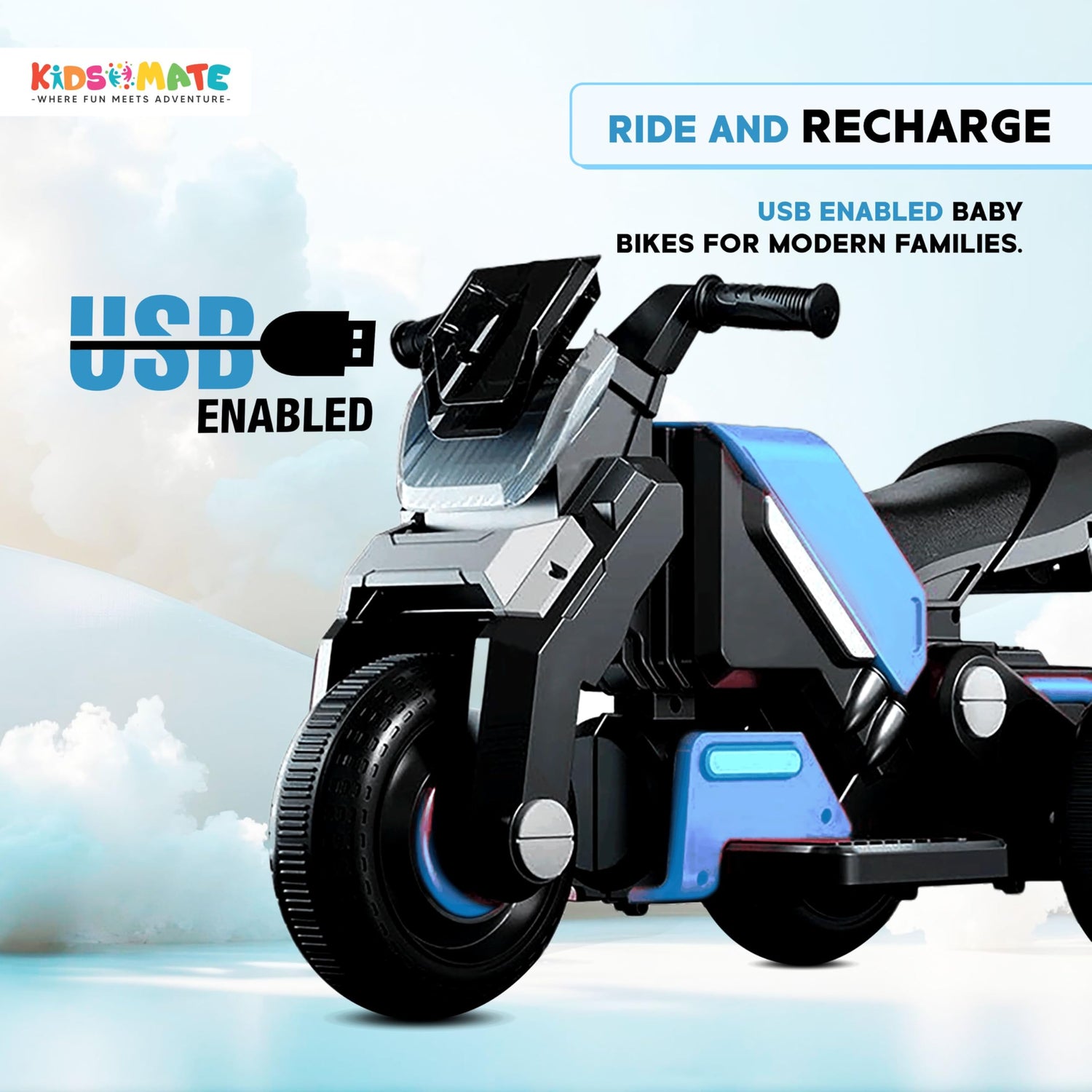 Kidsmate Hyrider 6V Electric Kids Bike with Rechargeable 6.5 Ah Battery Inbuilt Imported Motor Drive | Music Player, Front LED Light & Foot Accelerator Pedal Bike for Ages 1-4 Years (Sky Blue)