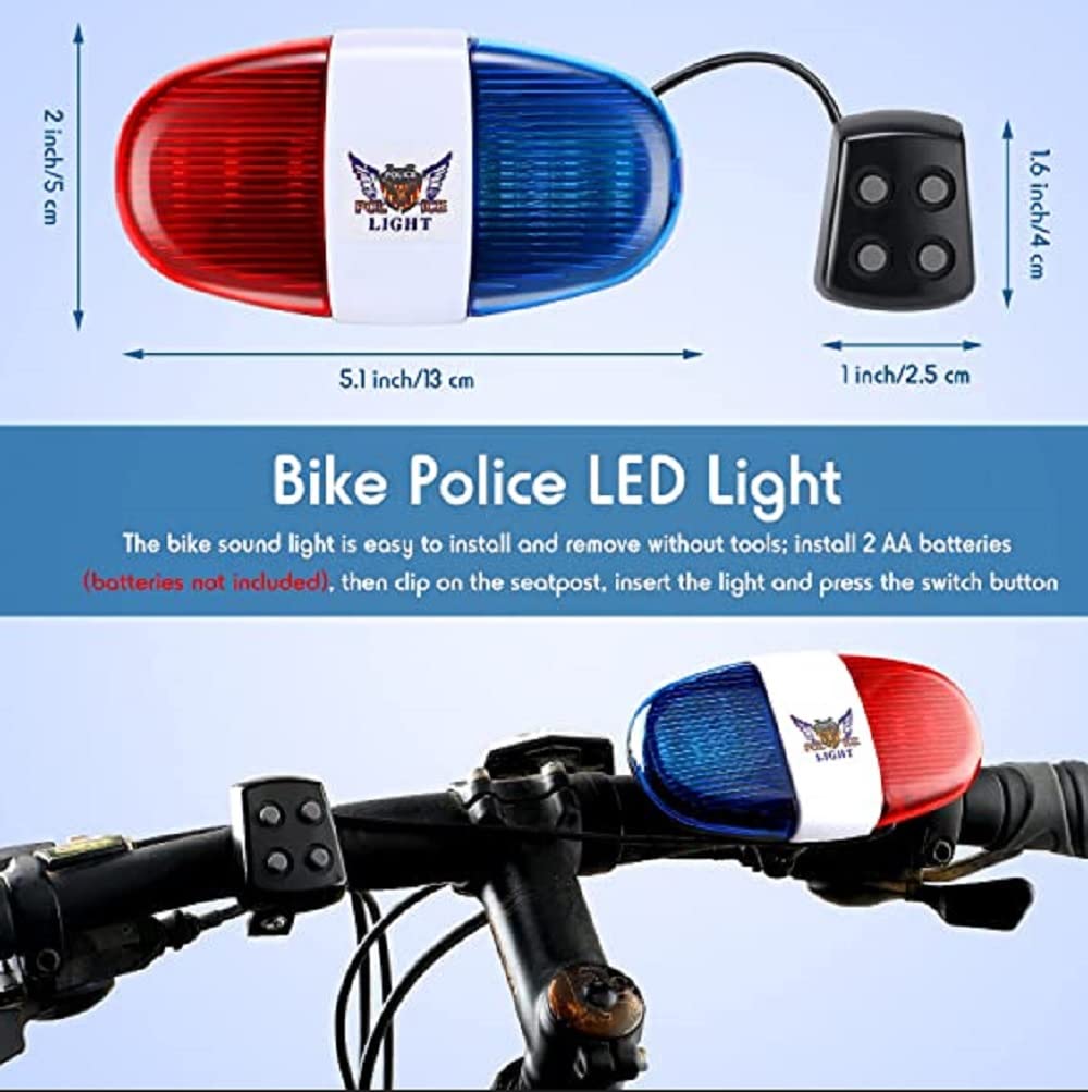 Bike police LED light with dimensions and installation instructions on a blue background