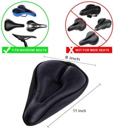 Black bicycle seat with size measurements and compatibility indicators on a white background