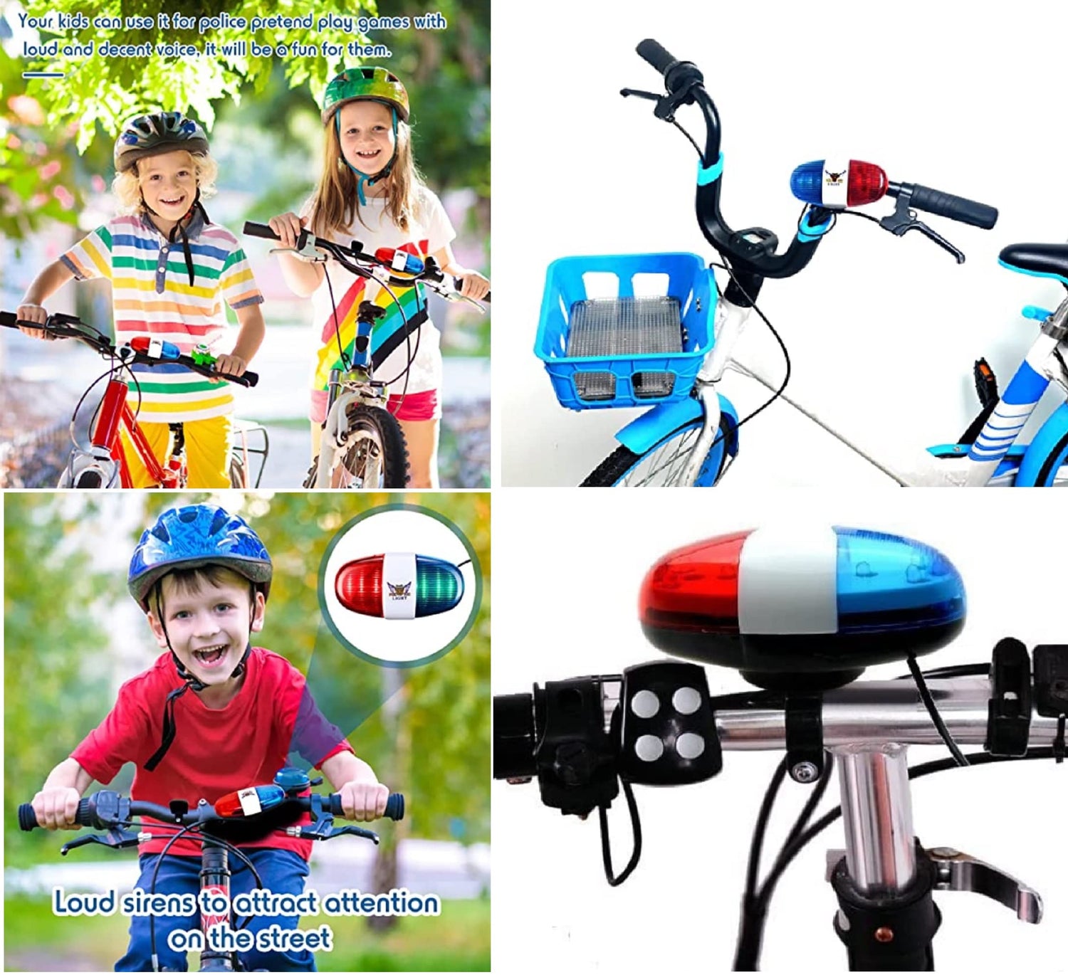 Children riding bikes with safety gear and bike accessories on a white background