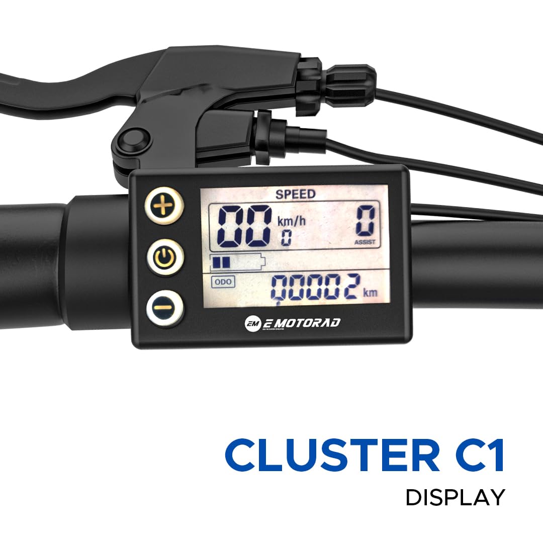 Handlebar-mounted Cluster C1 display showing speed, assist level and ride information on EMotorad X1 Pro Legend-07.