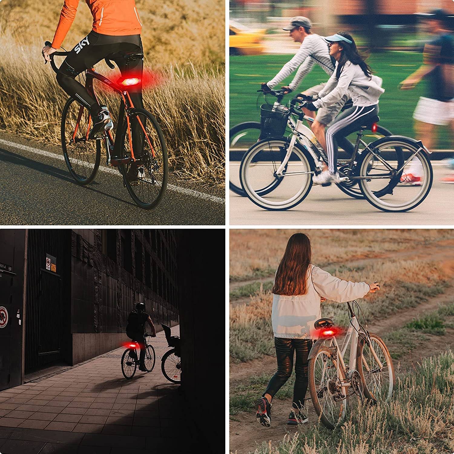 Collage of people riding bicycles with rear lights on various settings.