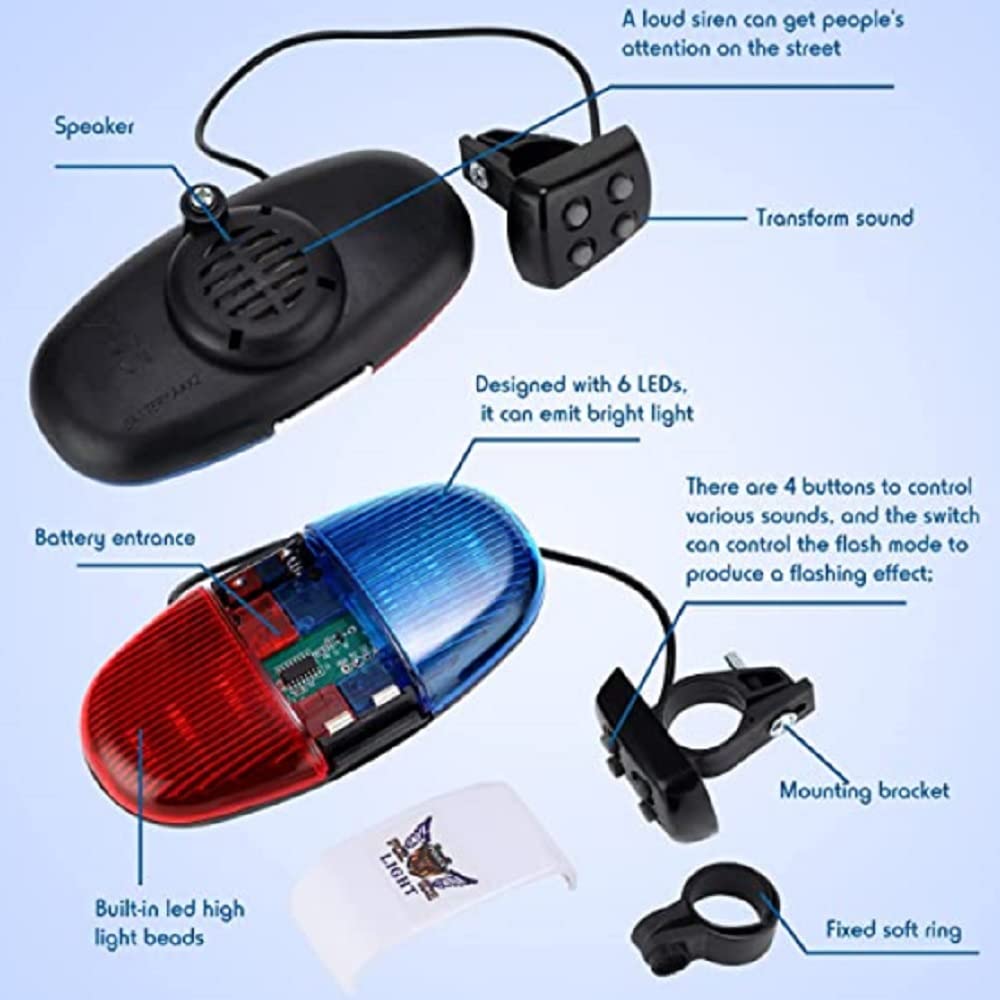Diagram of a police siren with labeled parts on a light blue background