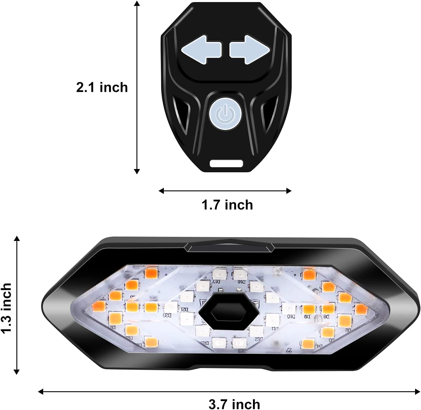 Dimensions of a LED light bar with remote control on a white background