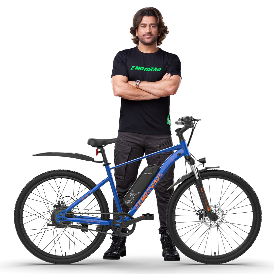 Front side view of EMotorad X1 Pro Legend-07 electric bicycle showing premium design, rider position and electric components.