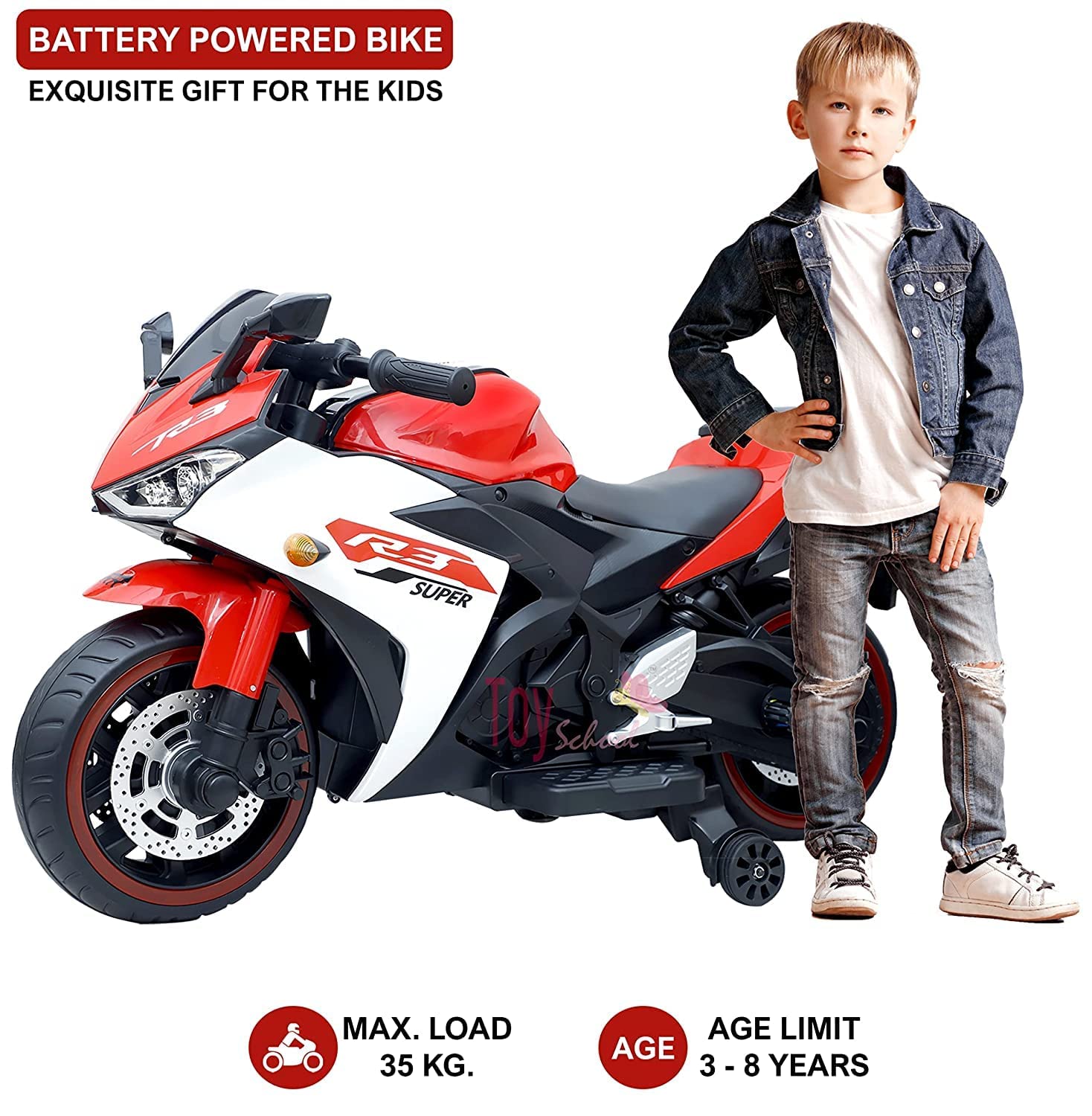 R3 Super electric motorcycle for kids aged 3 to 8 years shown with child model