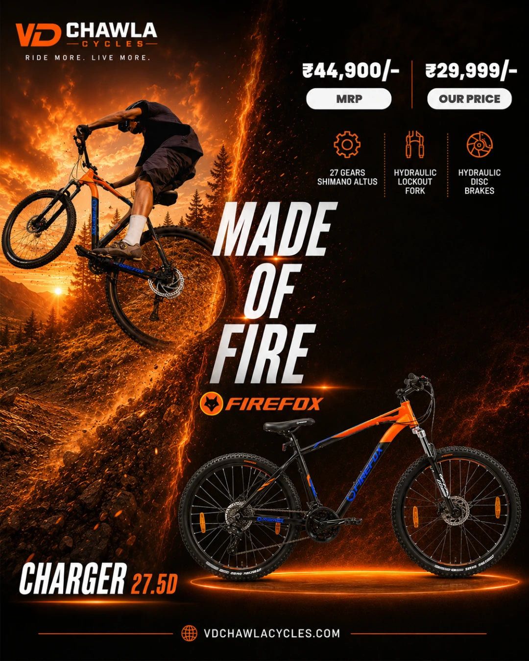 Bicycle advertisement for firefox 27.5T cycle 27 gears  banner vd chawla cycles copyright