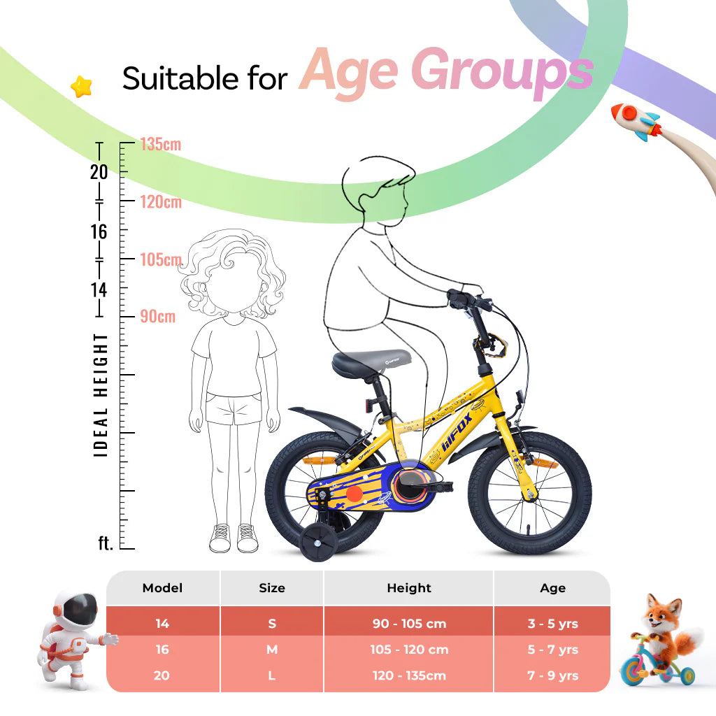 Firefox Dreamer Kids Bicycle Size Chart with Recommended Age and Rider Height
