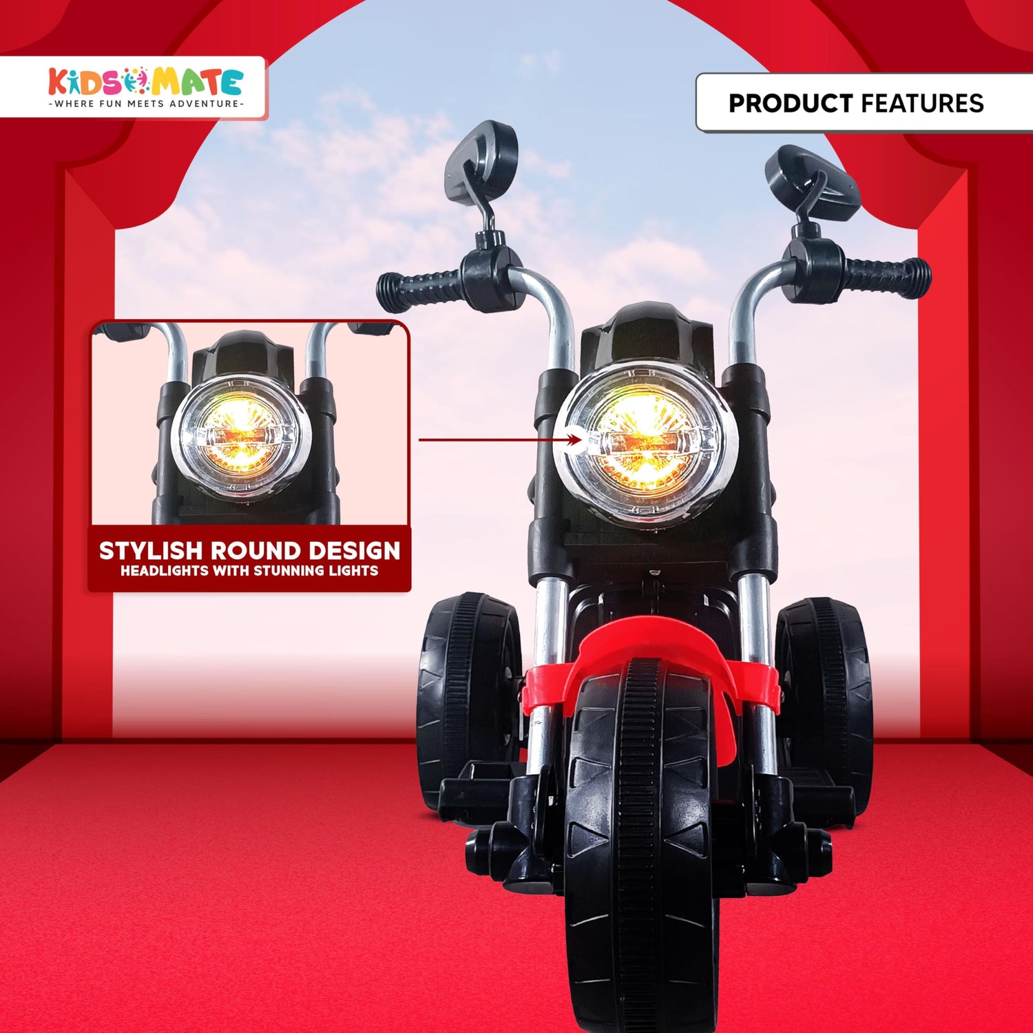 Kids Mate Cruiser 12V electric ride-on bike with round LED headlight and stylish design