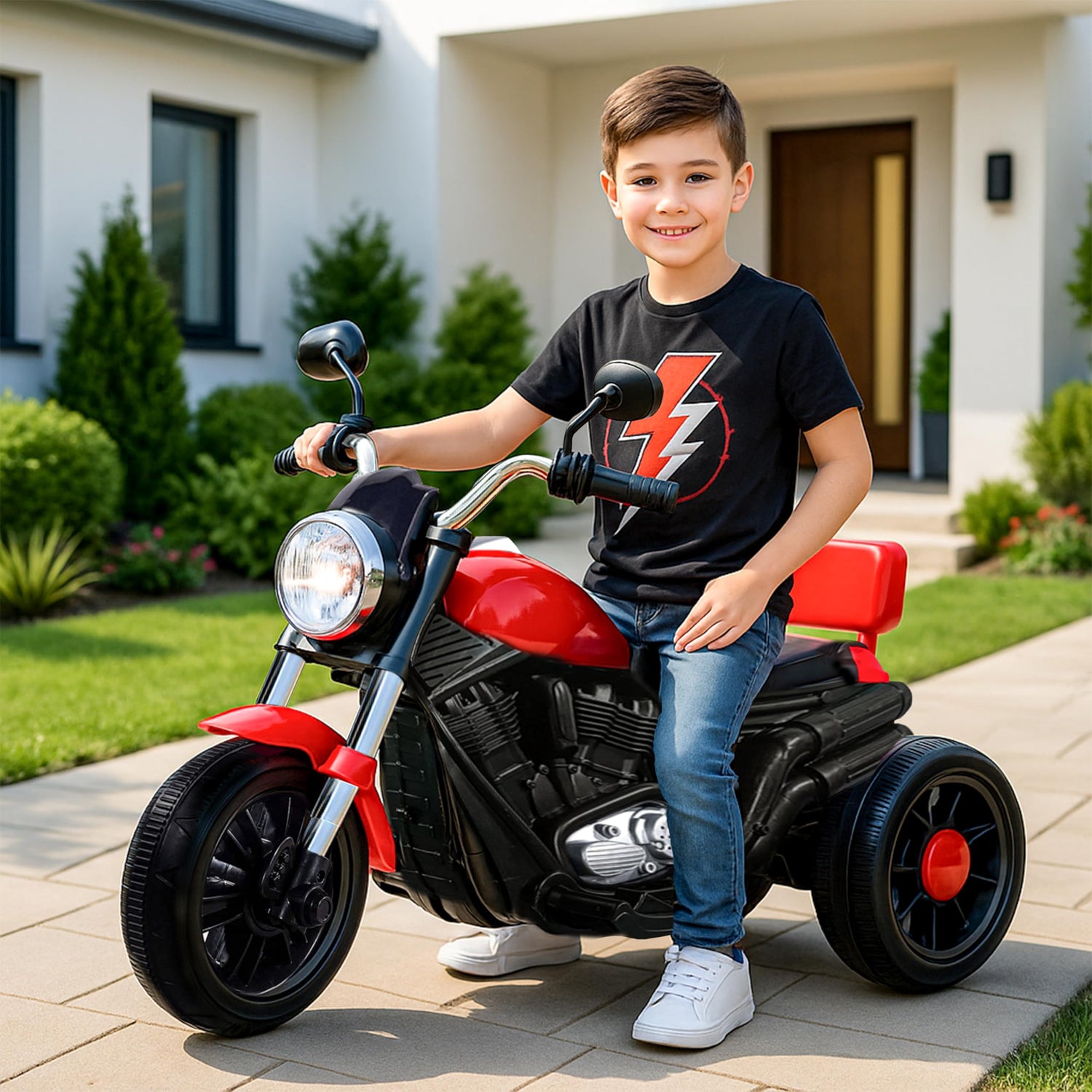 Child riding red and black electric three-wheel Harley-style ride-on bike for kids