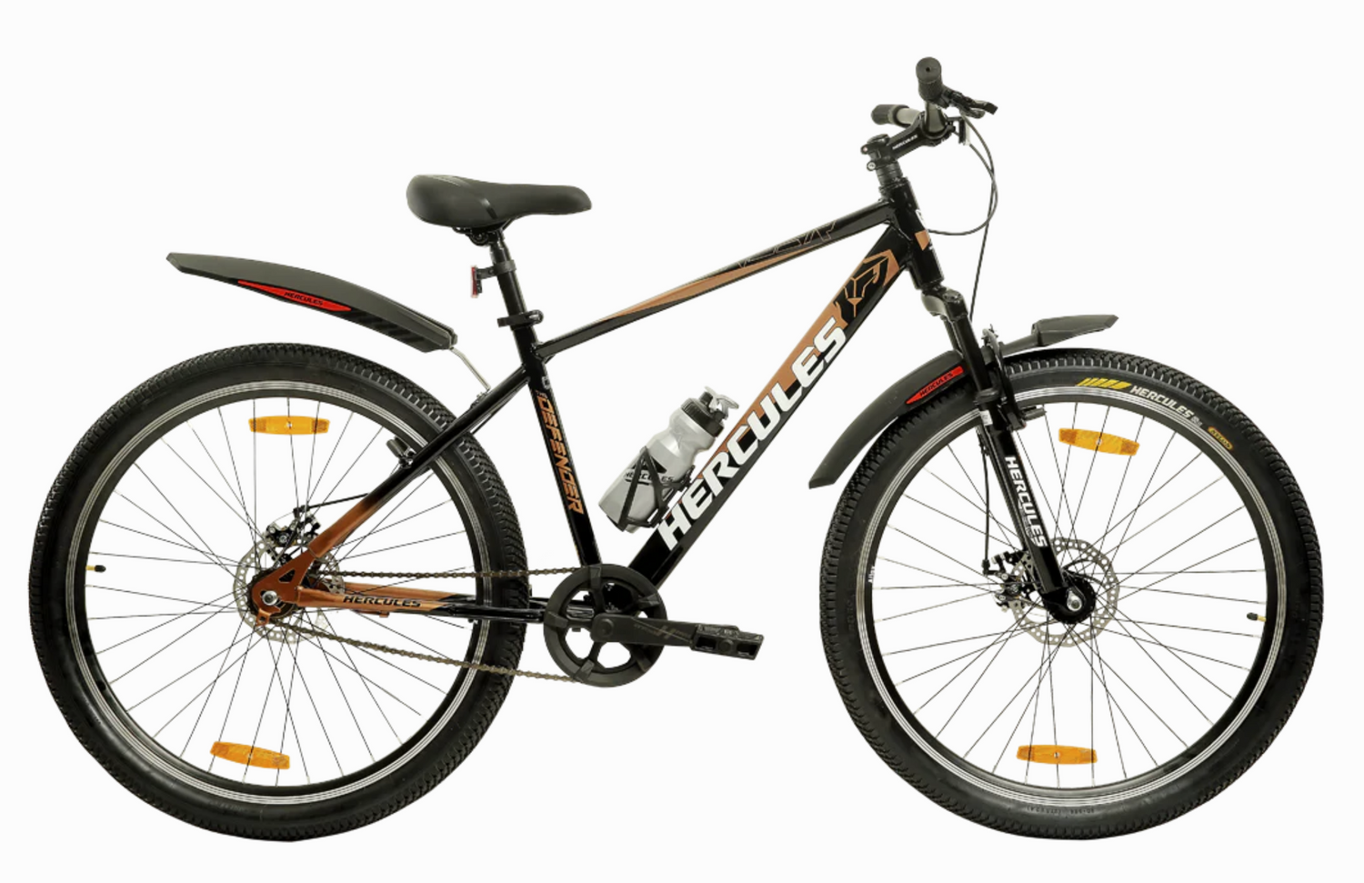 Hercules Defender FX DD single speed MTB cycle in black and gold colour with front suspension and carrier