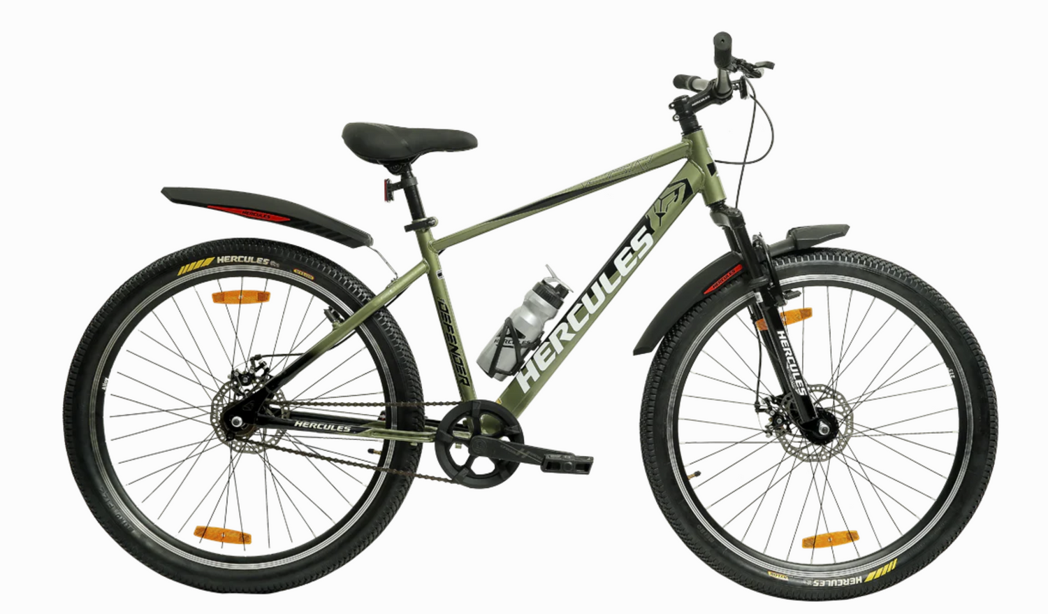 Hercules Defender FX DD sports mountain cycle featuring dual disc brakes, front suspension and MTB frame design